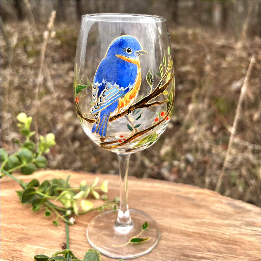 Blue Bird Stemless Wine Glass