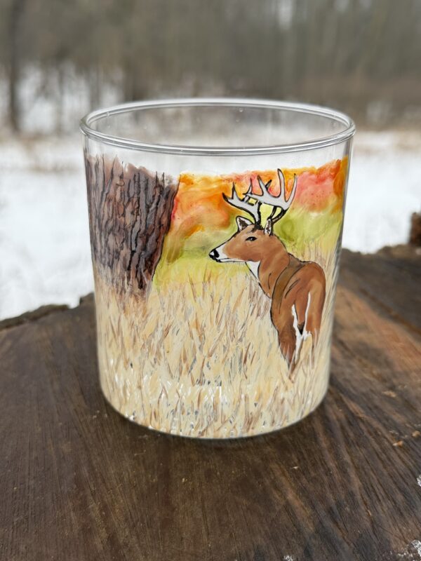 DeerField Buck in a field hand painted whiskey glass - Image 1