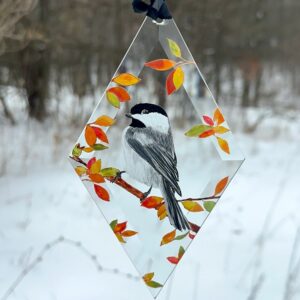 "Hand-painted Chickadee suncatcher – a charming glass art piece to bring nature’s beauty into your home."